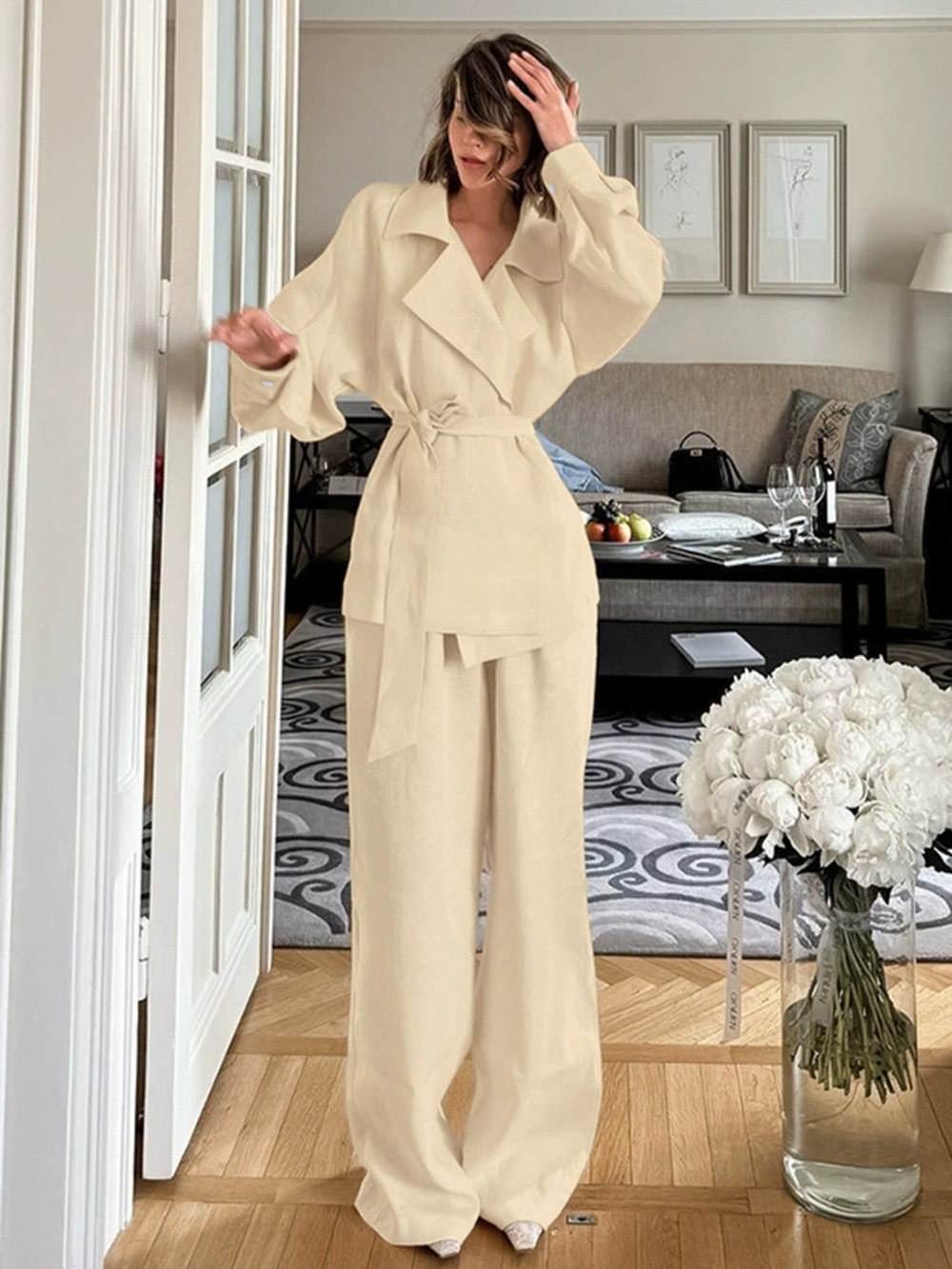 Forever 21 Spring Cotton Linen Loose Khaki Wrap Tie Coat Pants Set